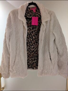 Betsey Johnson Cream Faux Fur Teddy Jacket with Leopard Lining